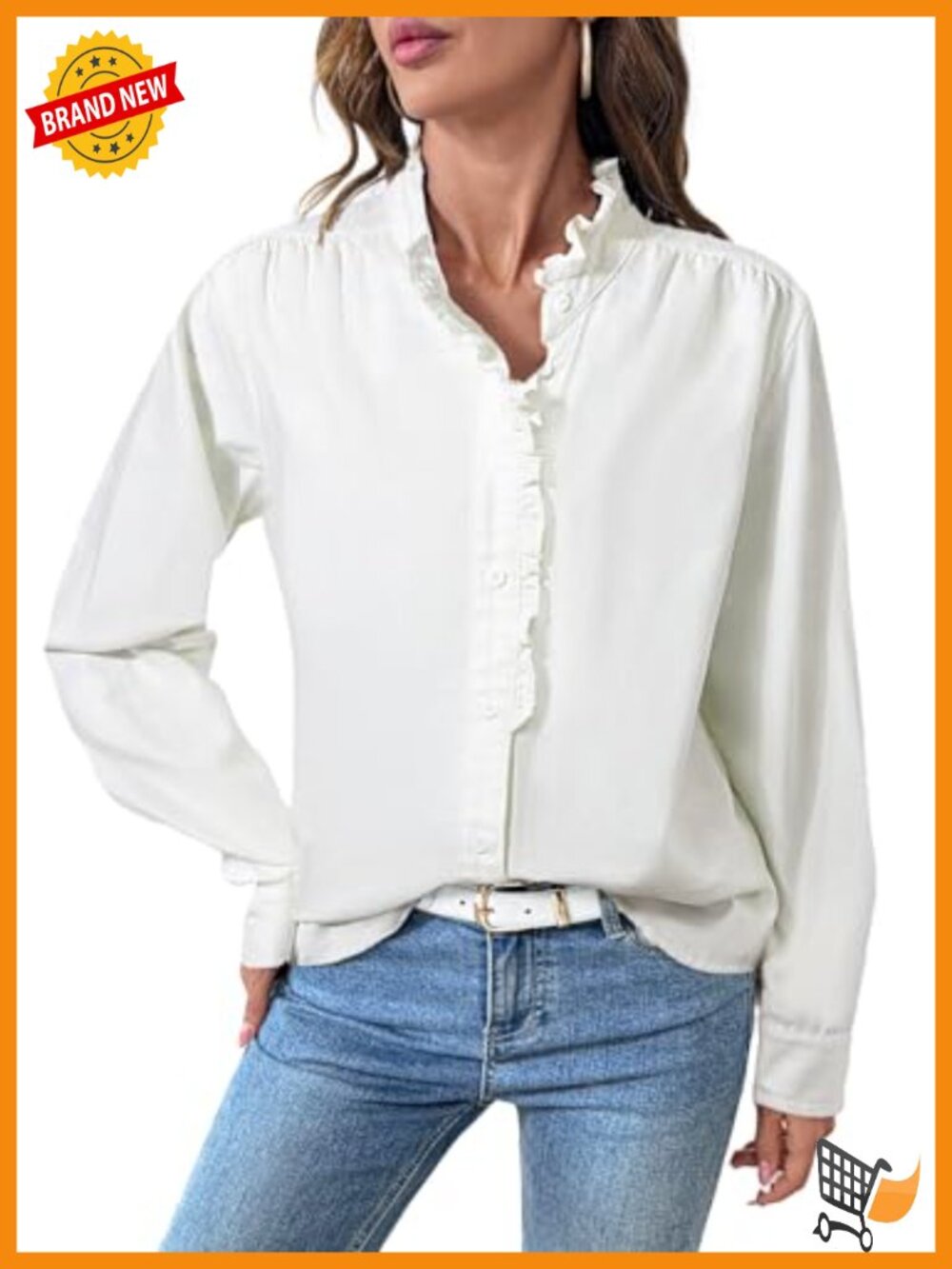 Womens Ruffled Button Down Denim Shirt Cotton Blend Long Sleeve Blouse